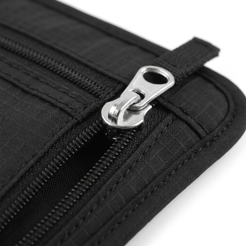 Close-up of a black textured zippered pouch with a silver metal zipper pull on a white background.