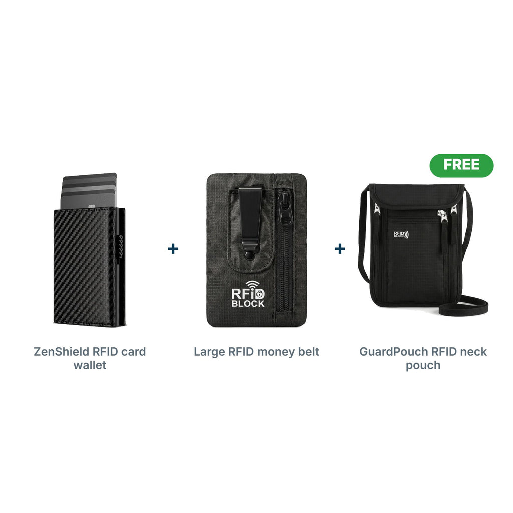 RFID Wallet & Pouch Kit: ZenShield RFID card wallet, Large RFID money belt, FREE GuardPouch RFID neck pouch