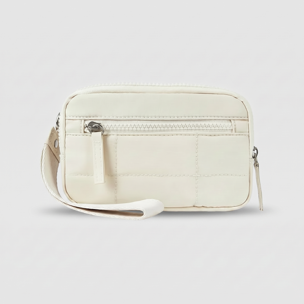 Cream RFID wristlet wallet with phone pocket and wrist strap