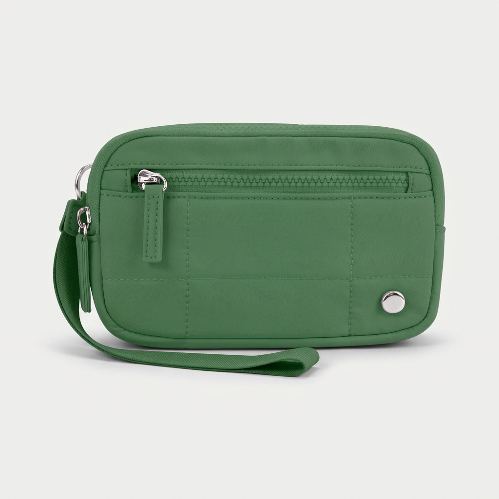 RFID wallet wristlet with secure wrist strap and compact design on white background green colour - travel gear