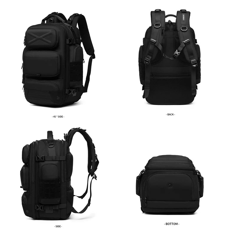 Black backpack shown from multiple angles on a white background view fron,side,back