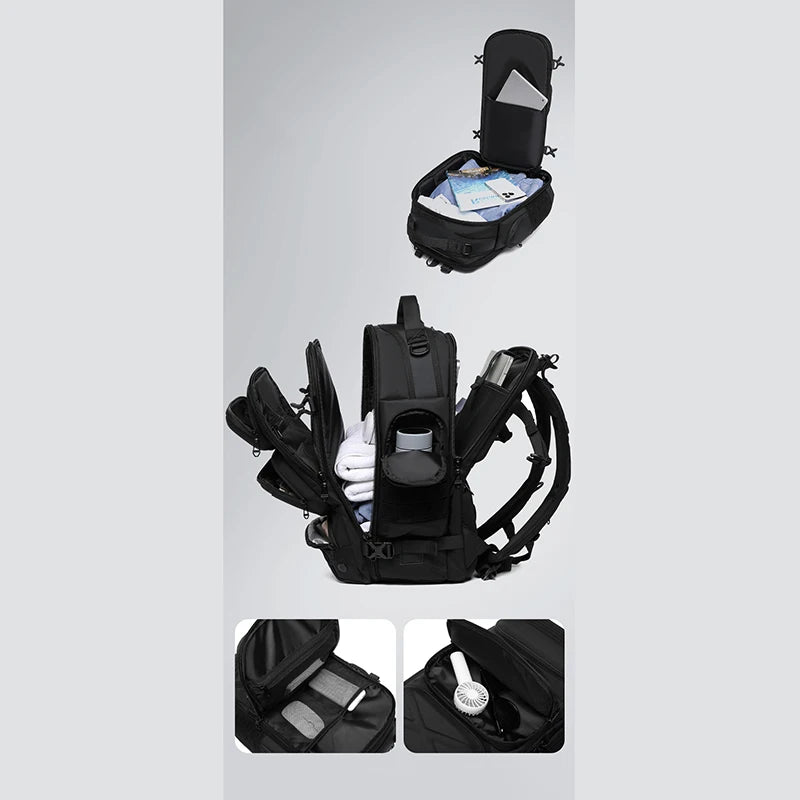 Black backpack with multiple compartments on a gray background