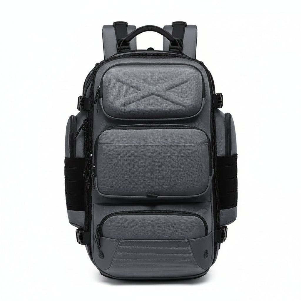Gray backpack with a prominent 'X' design on a white background