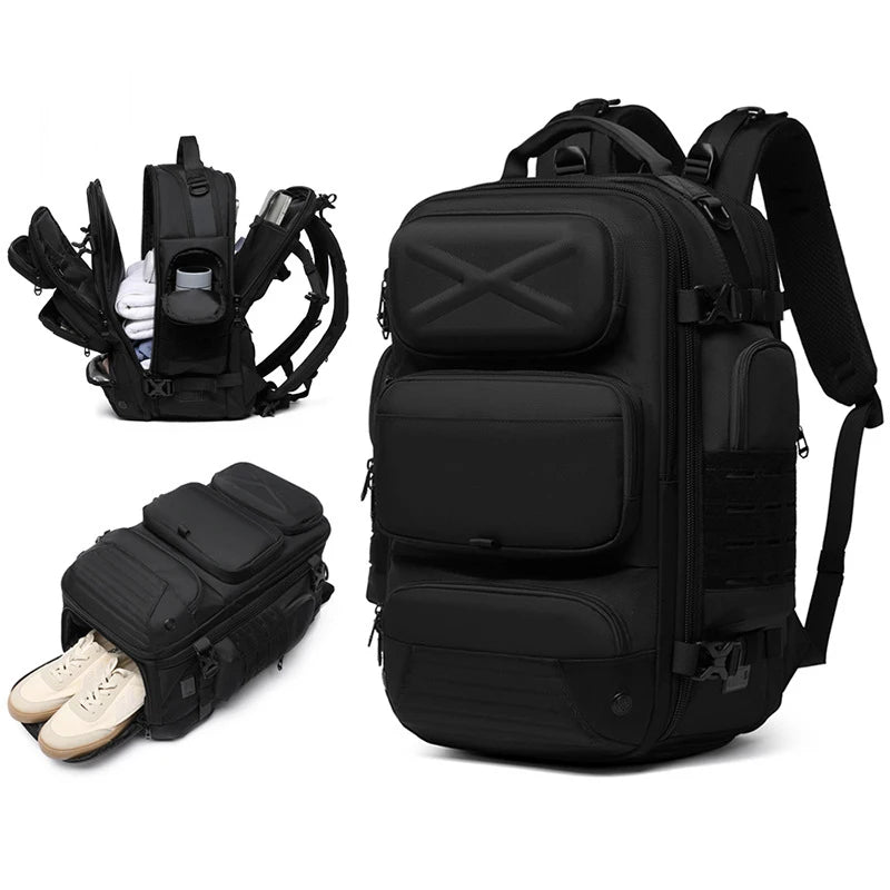 Black tactical backpack with multiple compartments and a shoe compartment on a white background front view