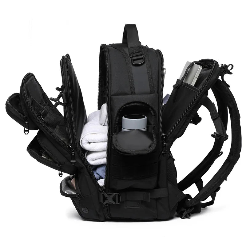 Black backpack with multiple compartments and a cup holder on a white background side view