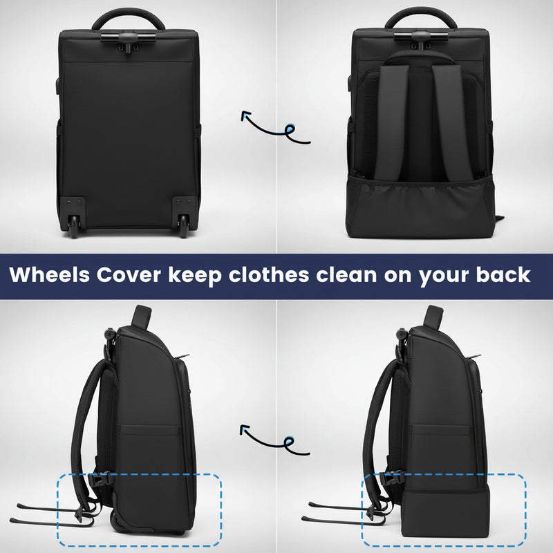 RollTech 2-in-1 rolling backpack back view showing wheel system and carry-on trolley handle