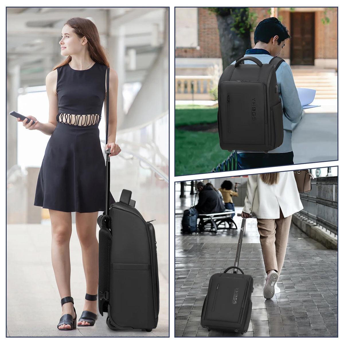 RollTech rolling backpack side view showing retractable trolley handle and spinner wheel base