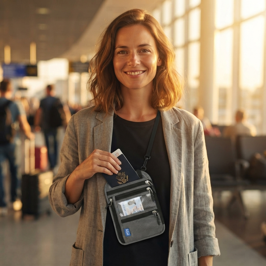 Traveller at the airport wearing a grey SecurePass RFID neck wallet with passport and card slots