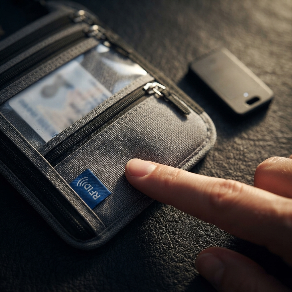 A close-up of a dark gray fabric card holder wallet with a clear ID window and a blue 'CLEAR' logo, with a finger pointing at it and a smartphone blurred in the background.