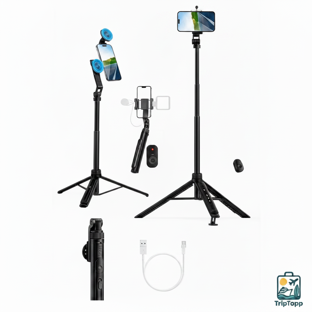 SnapReach 1.44M MagSafe selfie stick fully extended with phone attached for travel content - travel accessories Australia