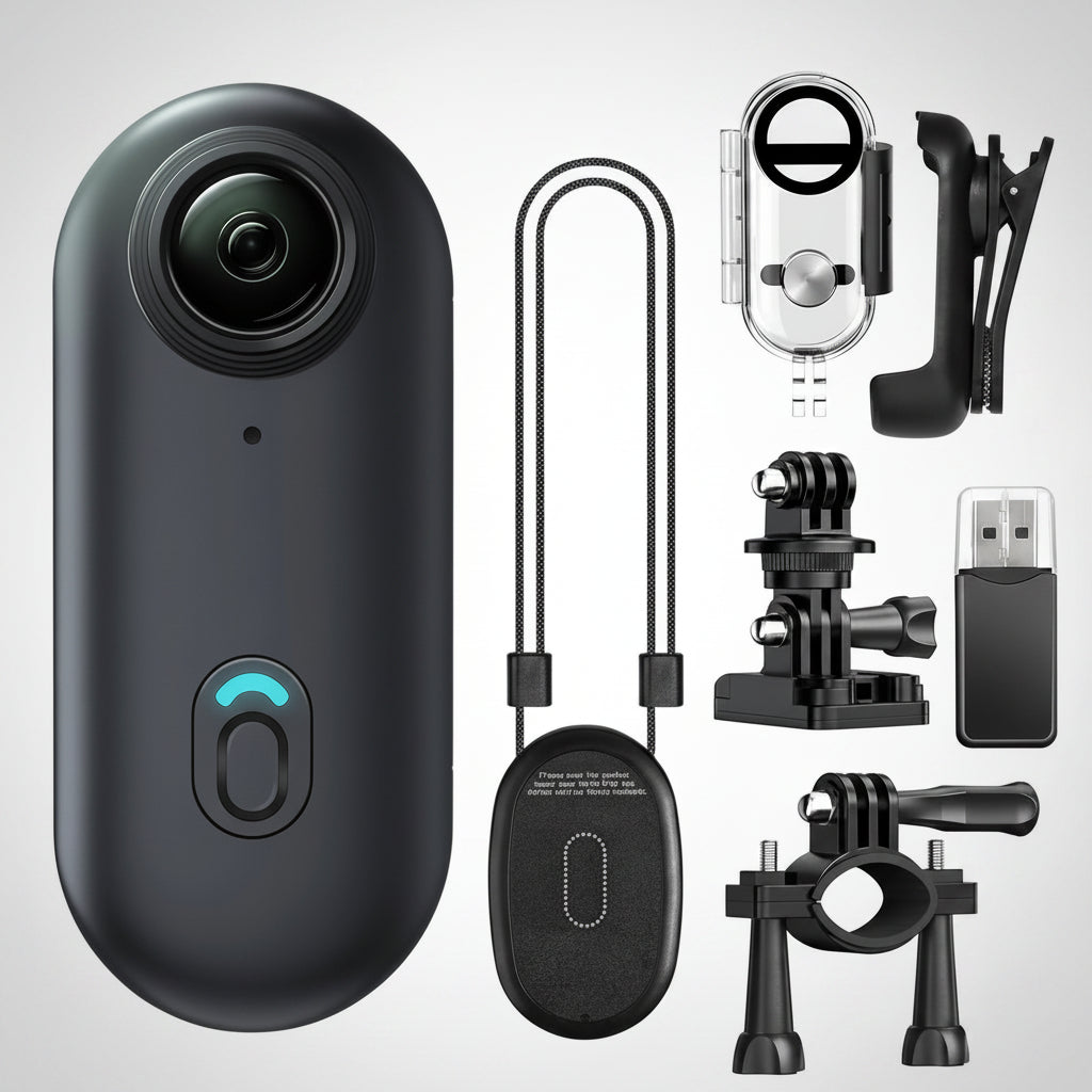 Compact travel body camera on white background with full accessory kit including mounts, clips