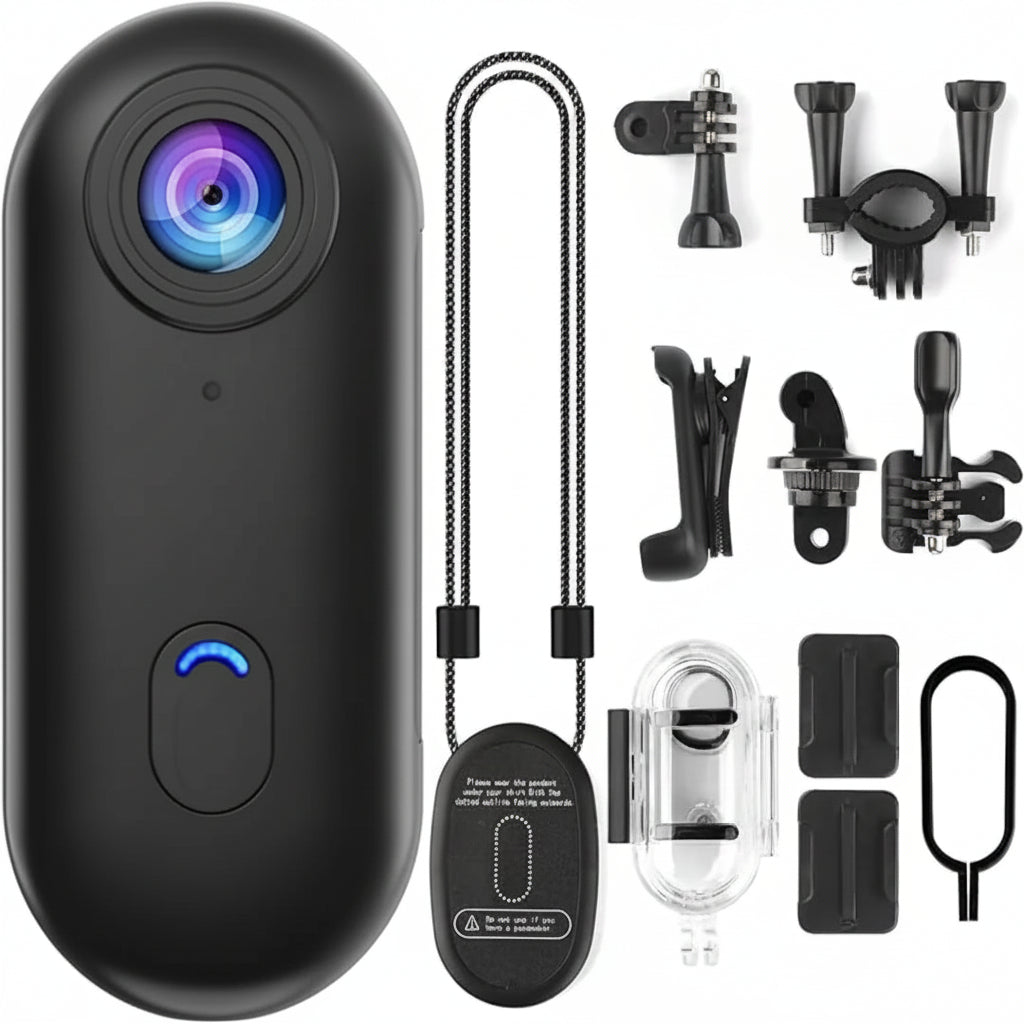 Black action camera with various accessories on a white background