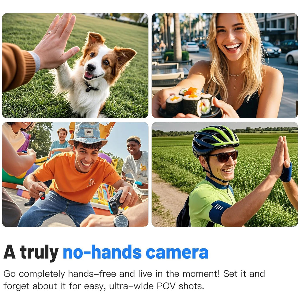 Collage of people and a dog with text promoting a no-hands camera.