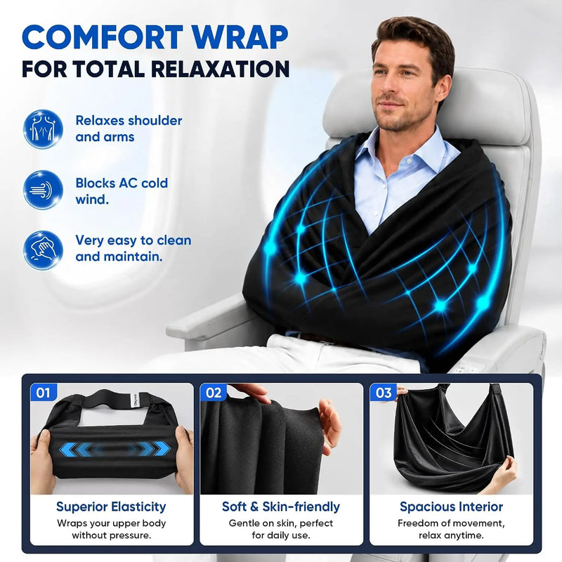 SnoozeWrap stretch body wrap keeping shoulders warm under aircon, with soft skin-friendly fabric and roomy fit