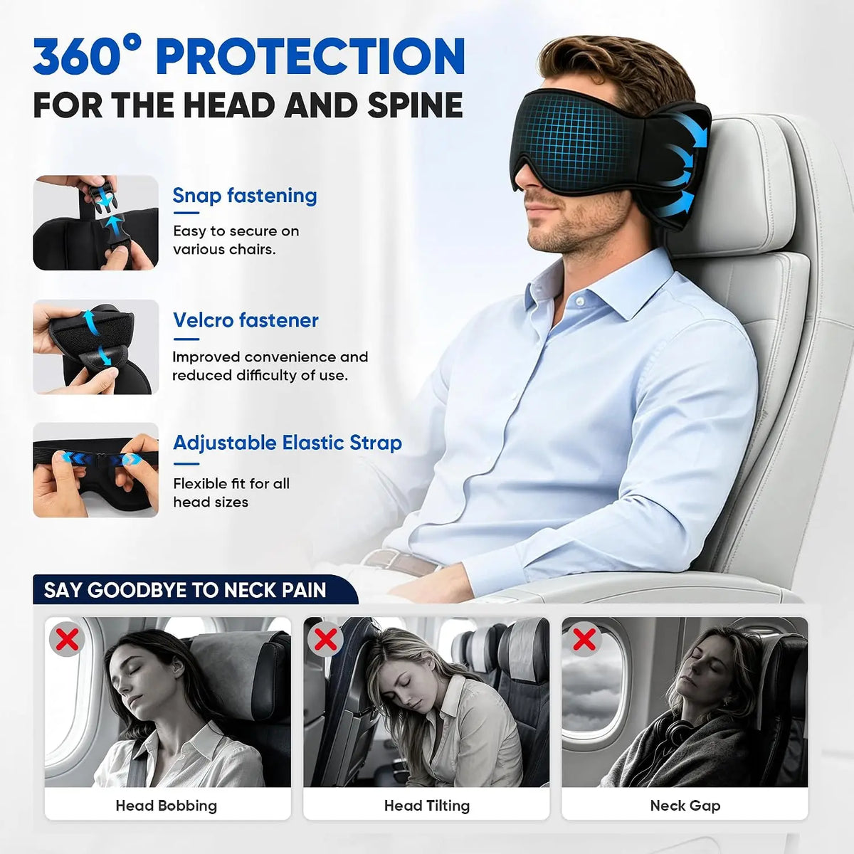 SnoozeWrap headrest strap and eye mask with snap clip, velcro and adjustable elastic strap on a plane seat