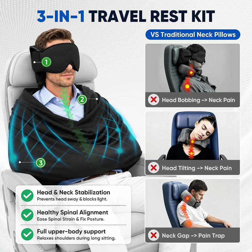 SnoozeWrap travel sleep kit compared with a U-shaped neck pillow, supporting head and neck for upright sleep