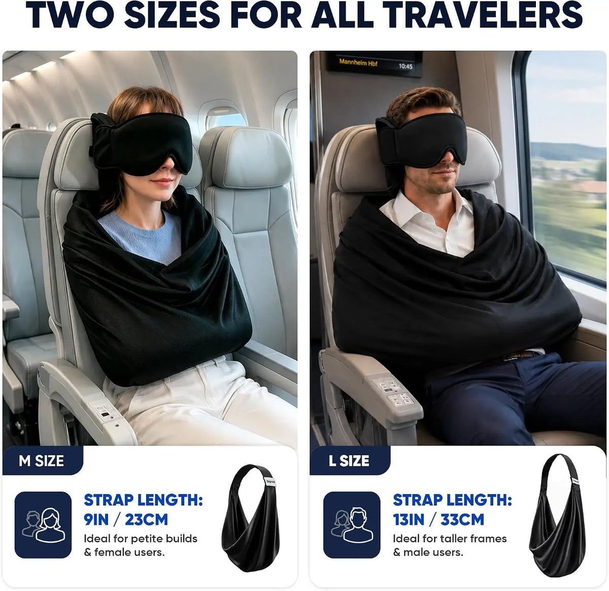 SnoozeWrap travel sleep kit worn on a plane and a train, shown in medium and large strap sizes