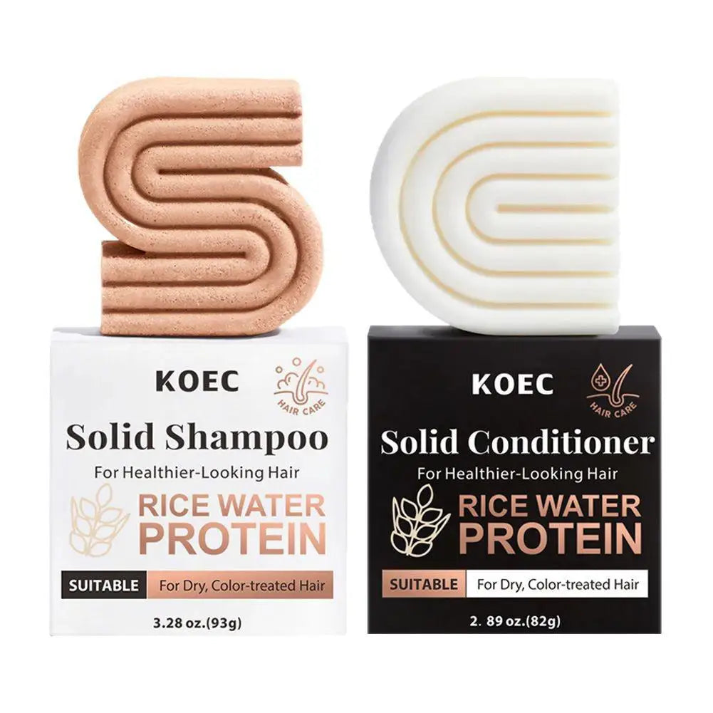 Product image of KOEC solid shampoo and conditioner bars Natural rice shampoo soap solid bar for sensitive scalp with packaging on a white background