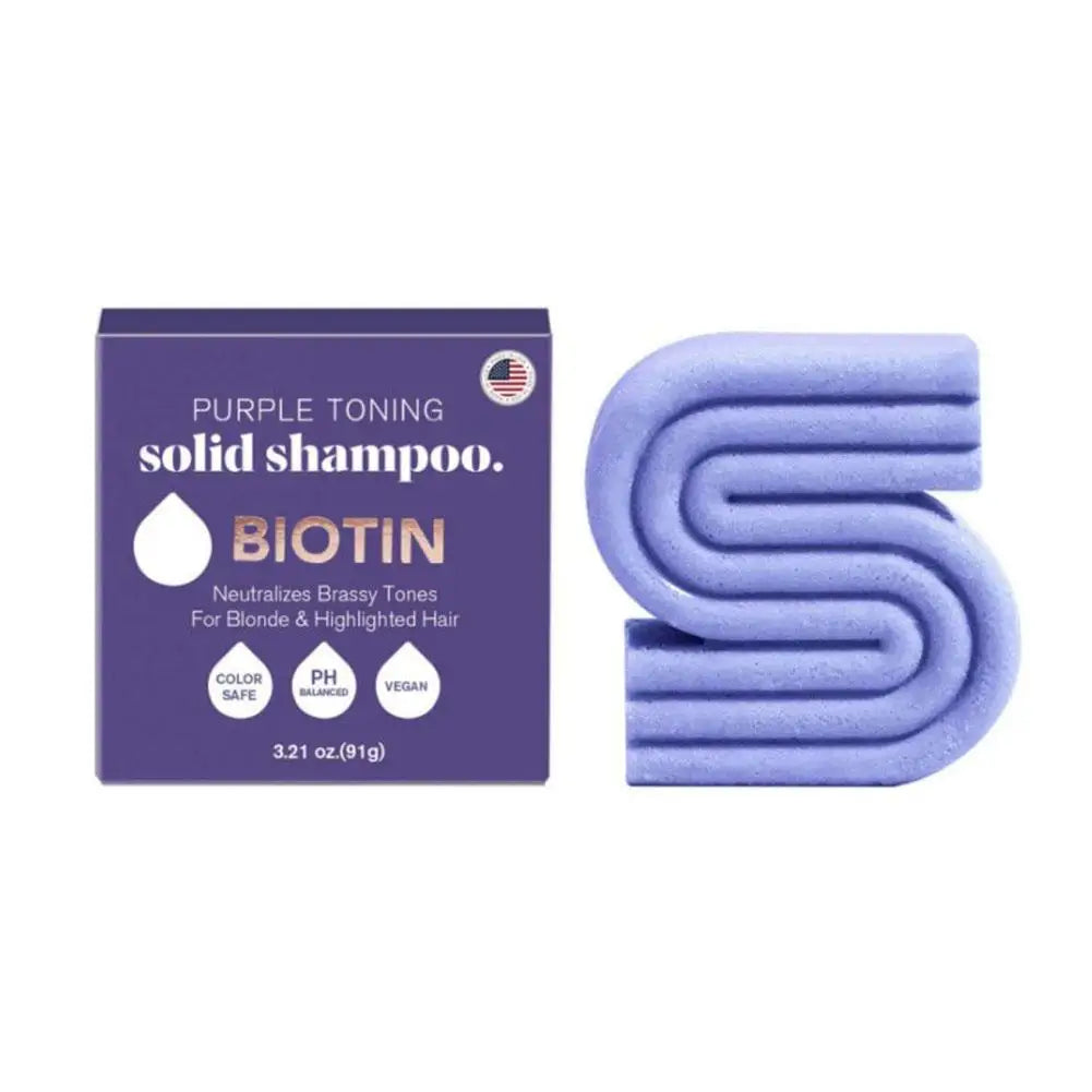 Product image of Purple toning solid shampoo bar with packaging on a white background