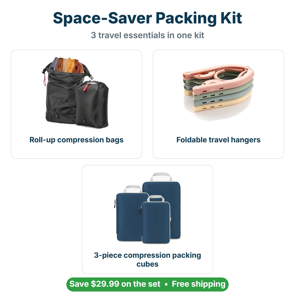 What's inside the Space-Saver Packing Kit: Roll-up compression bags, Foldable travel hangers, 3-piece compression packing cubes