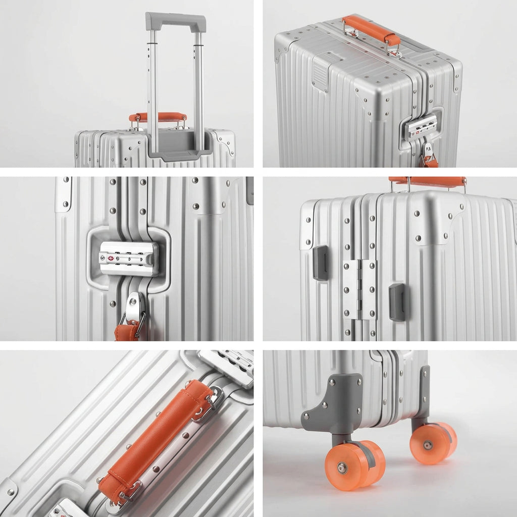 Colourful aluminium spinner suitcase close-up TSA combination lock and quality zip detail