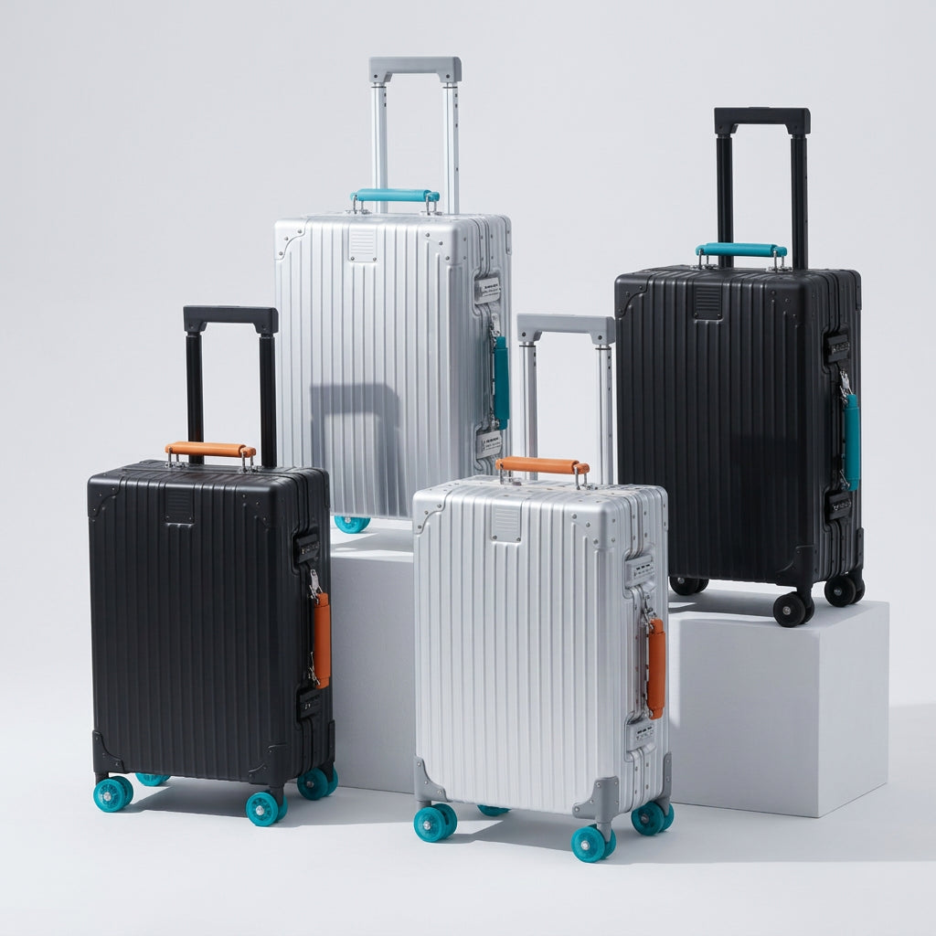 Colourful spinner suitcase side view showing colour-matched spinner wheels and premium aluminium frame