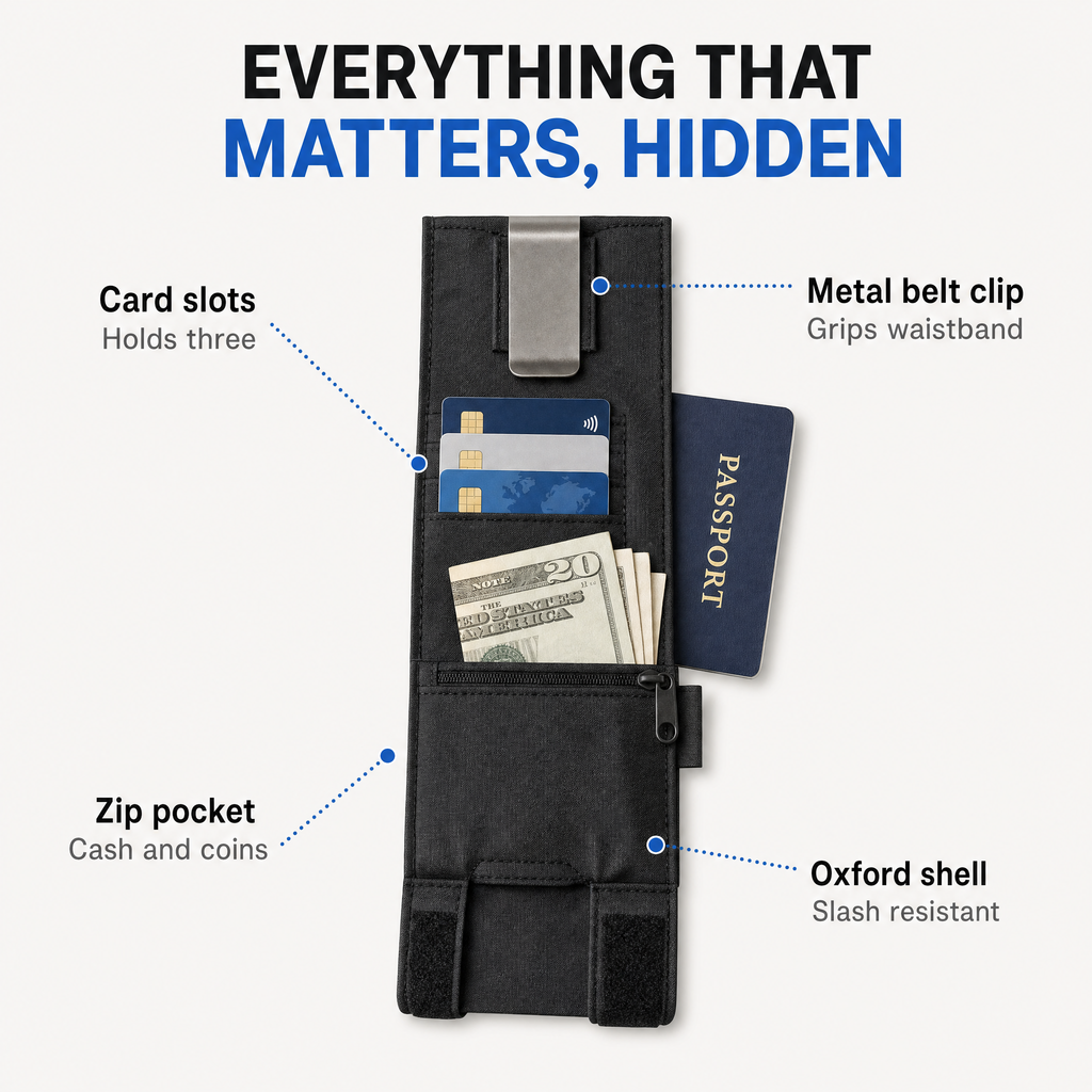 StealthClip black belt wallet open showing three card slots, cash zip pocket, passport and metal belt clip