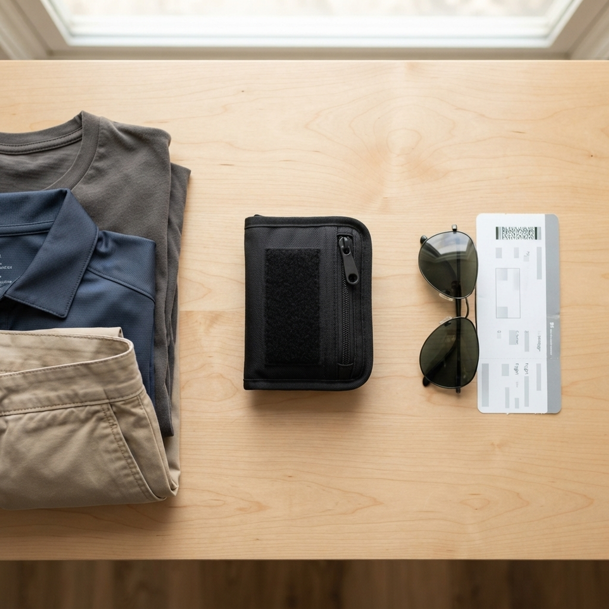 StealthClip hidden belt clip wallet in a travel flat lay with clothes, sunglasses and boarding pass