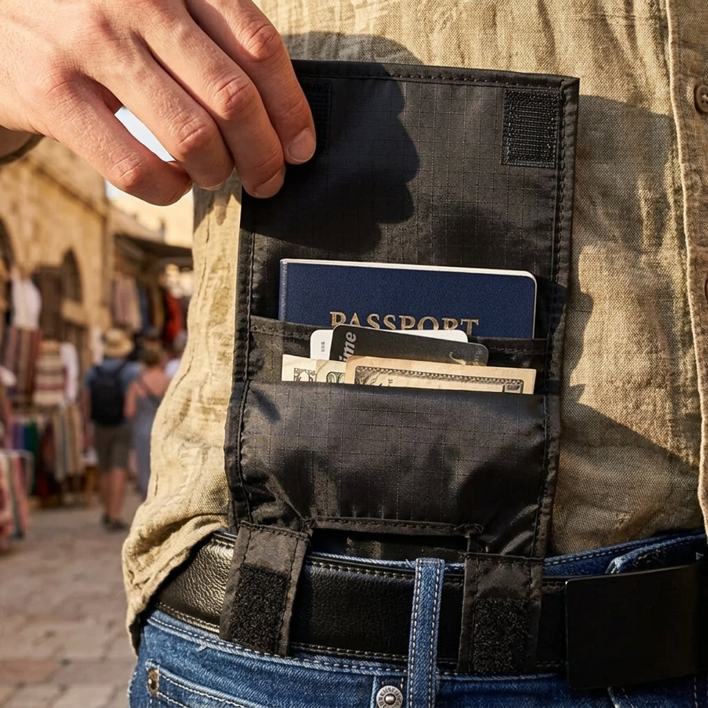StealthClip belt wallet worn at the waist holding a passport and cash at a market