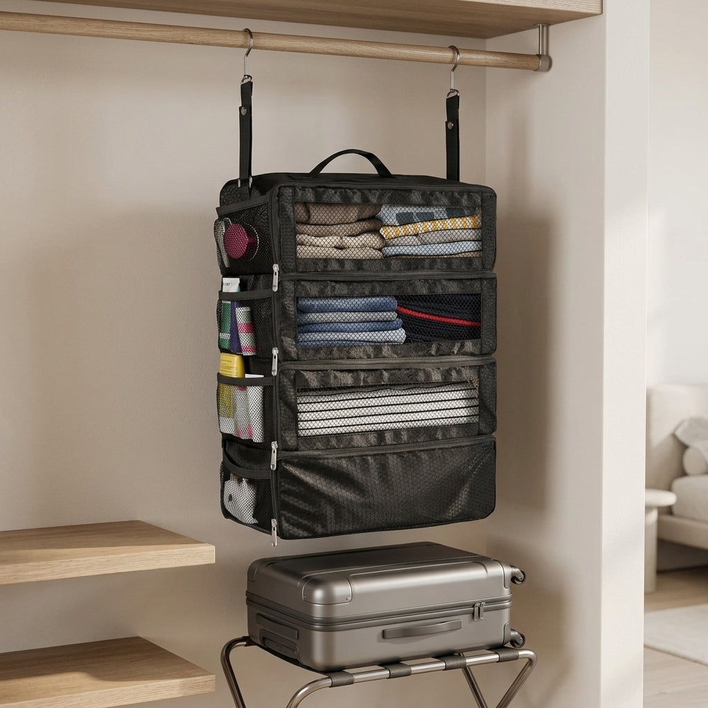 Collapsible suitcase organiser hanging in a hotel wardrobe with folded clothes on each shelf