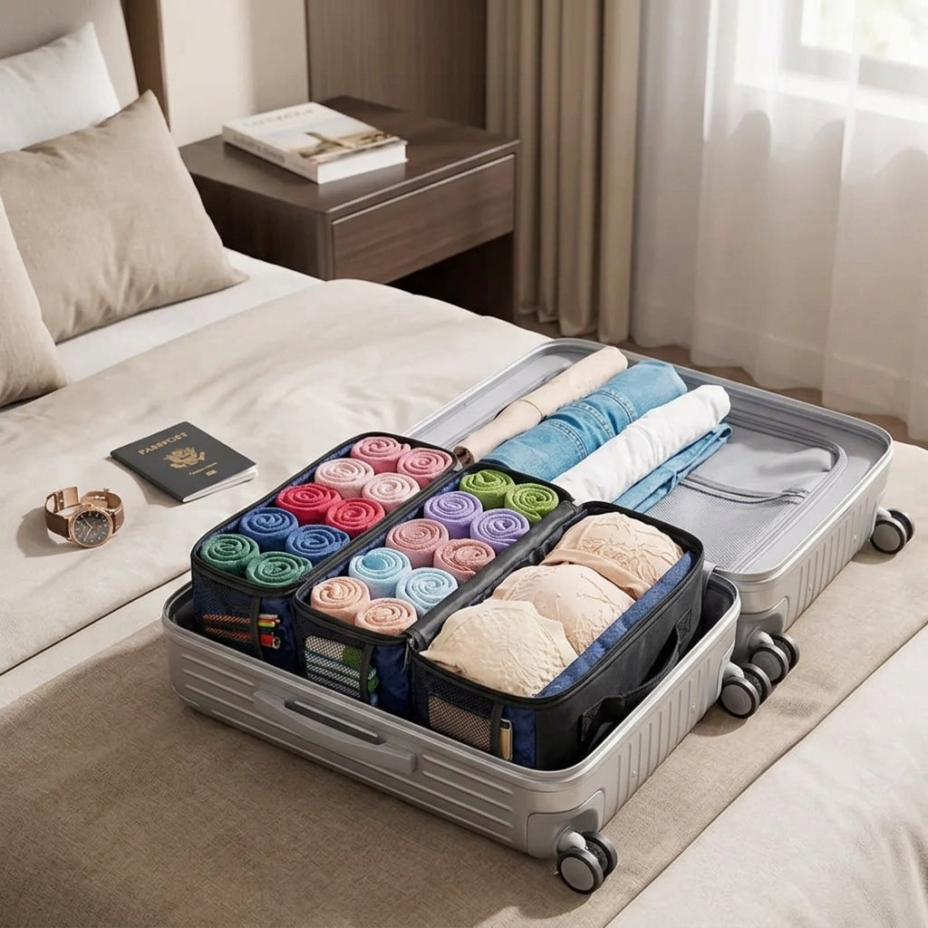 Suitcase hanging organiser folded flat inside an open packed suitcase on a hotel bed