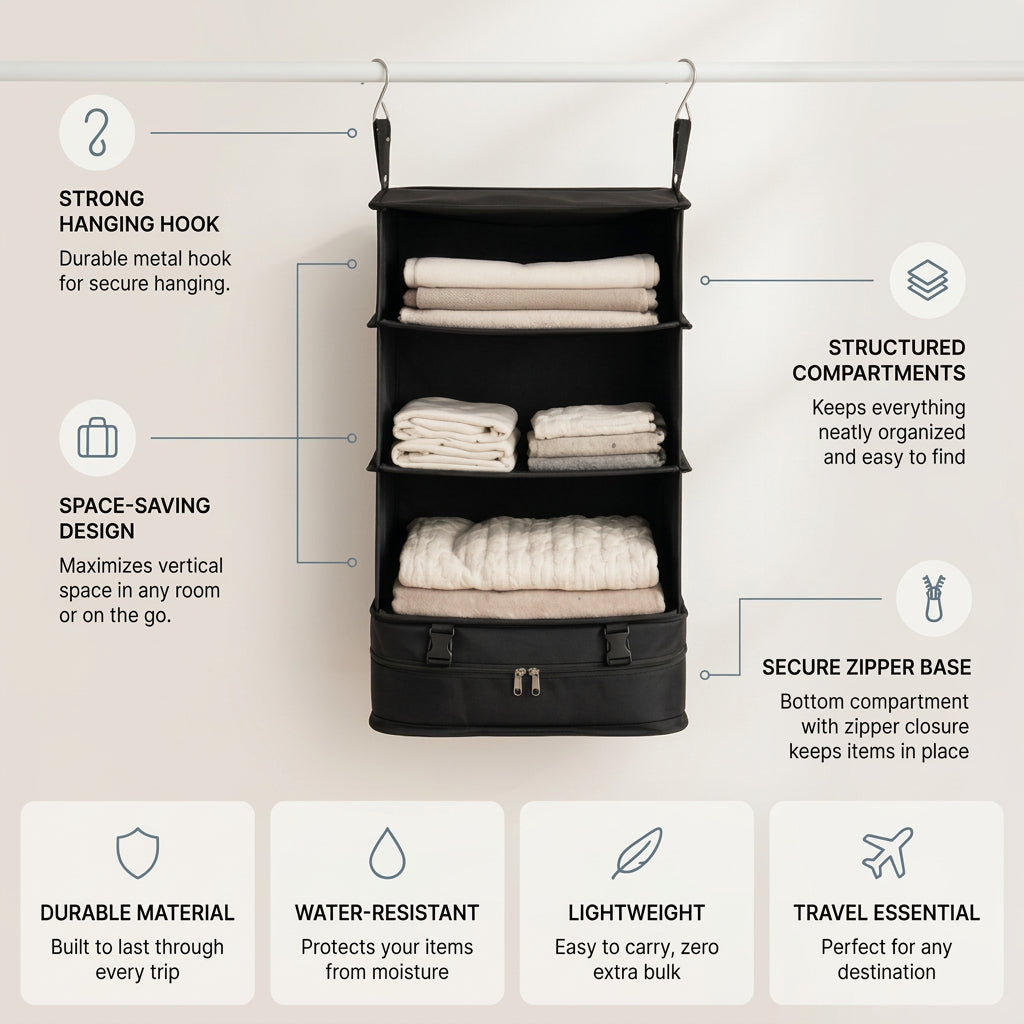 Suitcase organiser with hanging shelves showing metal hook, compartments and zip base
