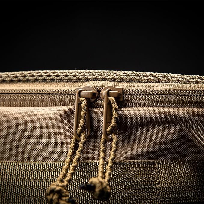 Close-up of TactiPack travel organiser pouch zips with paracord pulls