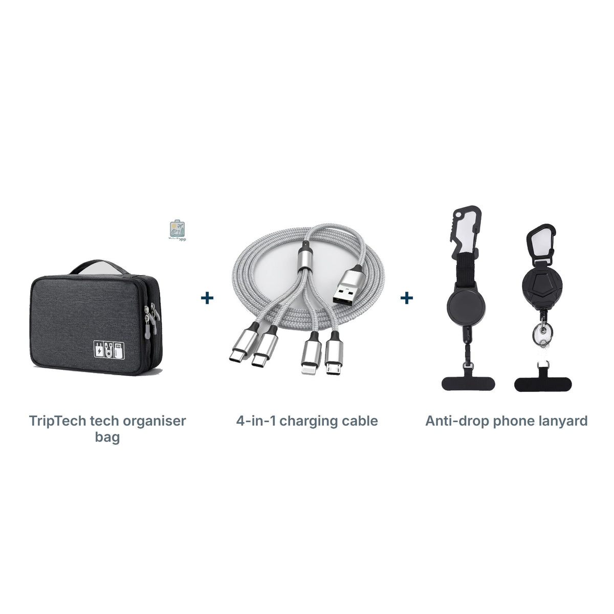 Tech Organiser Kit: TripTech tech organiser bag, 4-in-1 charging cable, Anti-drop phone lanyard