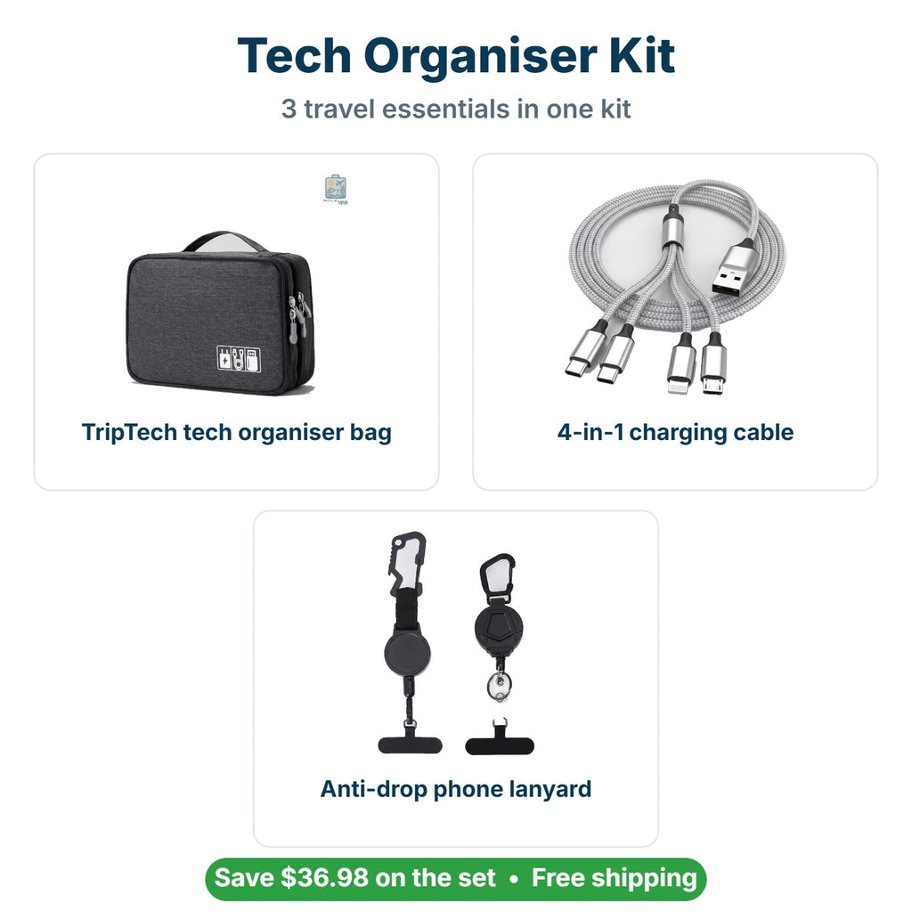 What's inside the Tech Organiser Kit: TripTech tech organiser bag, 4-in-1 charging cable, Anti-drop phone lanyard
