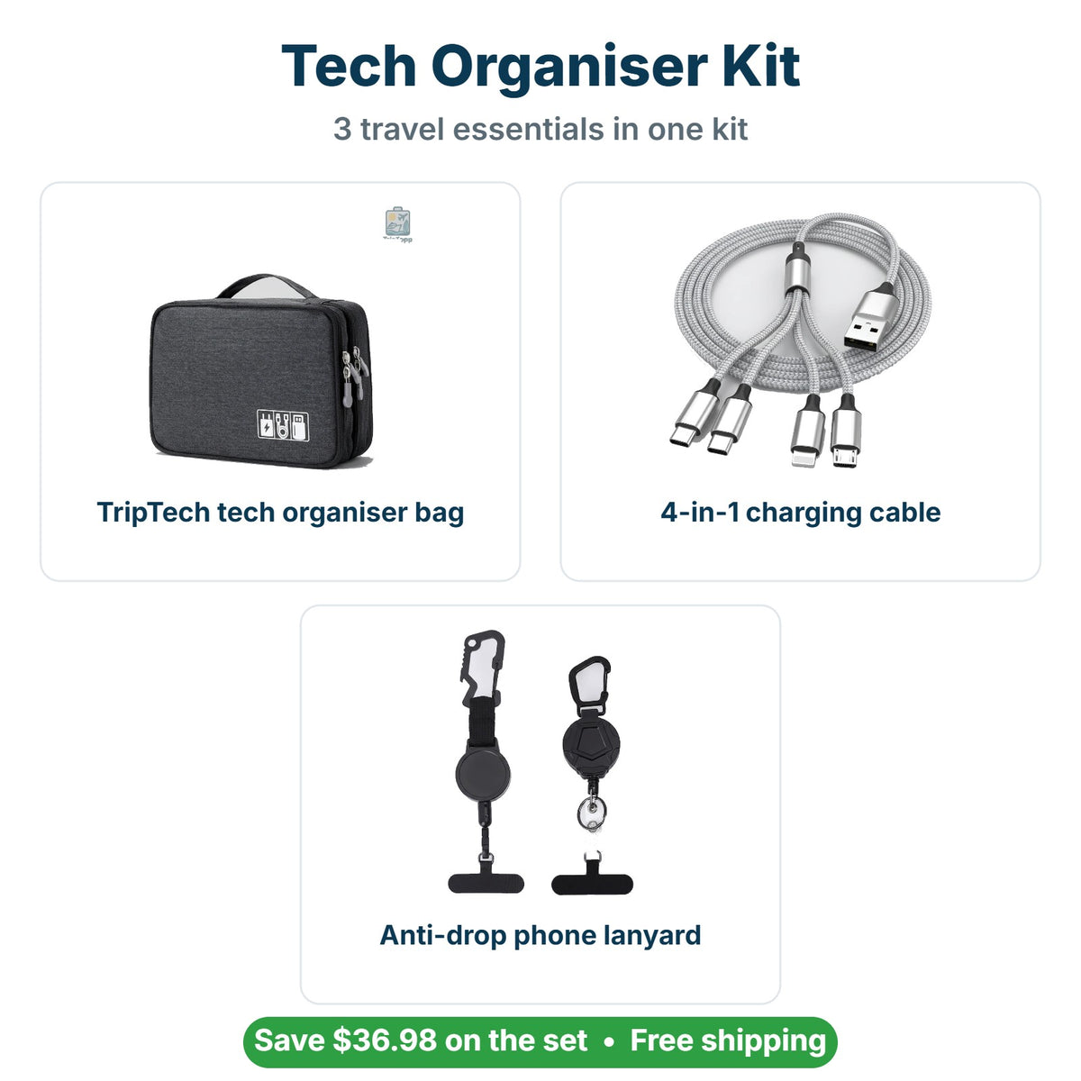 What's inside the Tech Organiser Kit: TripTech tech organiser bag, 4-in-1 charging cable, Anti-drop phone lanyard