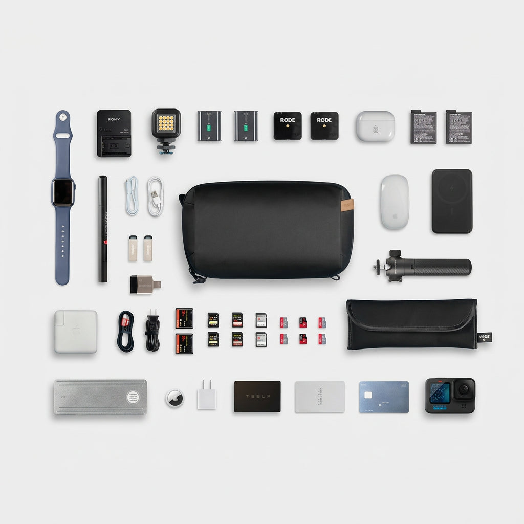 product front view CarryOn Tech Organizer Tech pouch with various electronic devices on a blue background