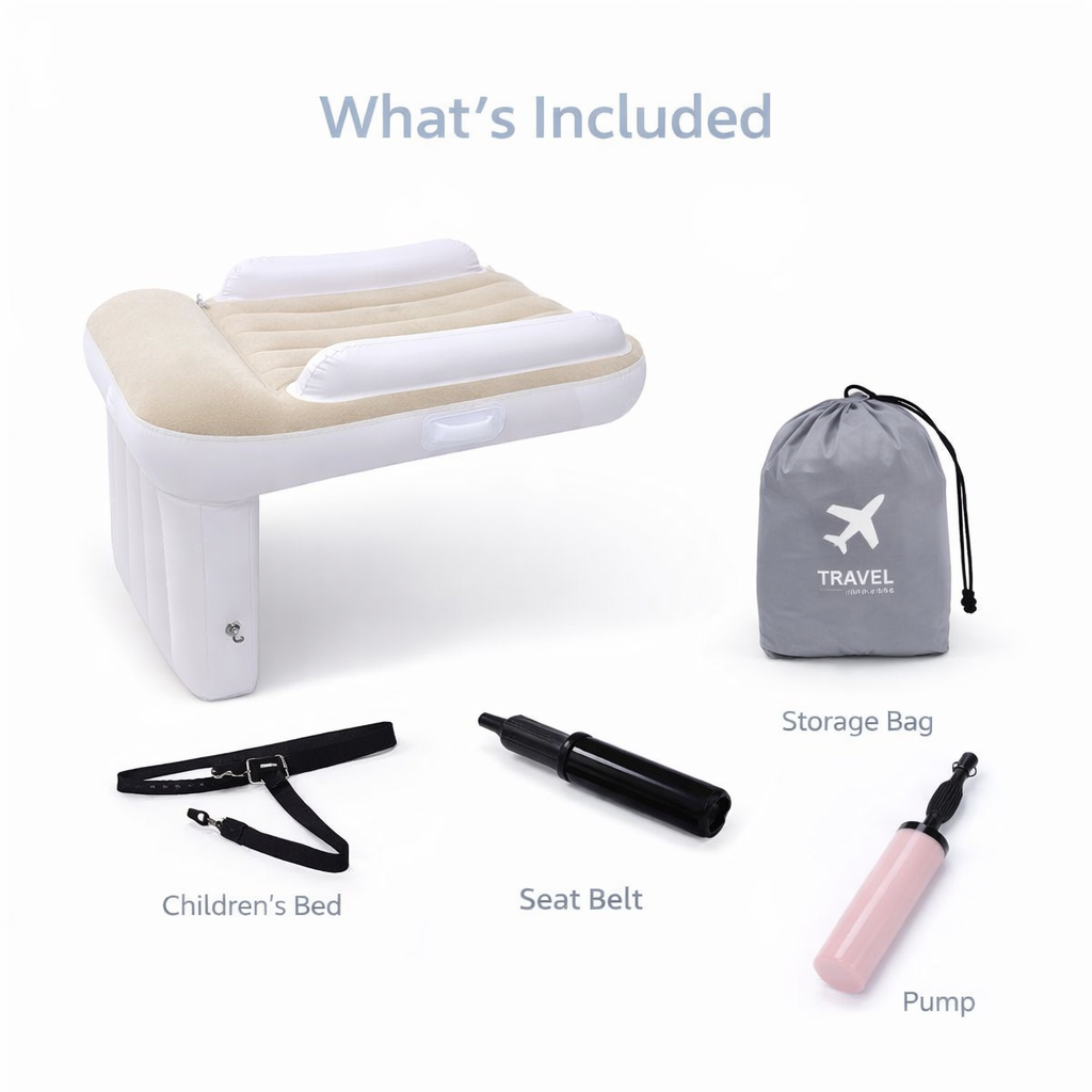 Inflatable children's bed with accessories including a seat belt, pump, and storage bag on a white background.