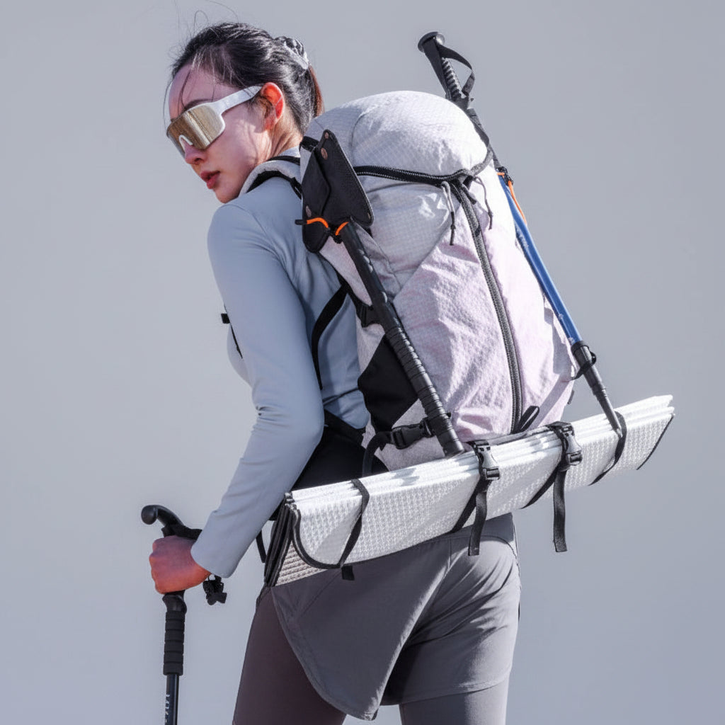 Person hiking with a large backpack and ski poles in a mountainous landscape