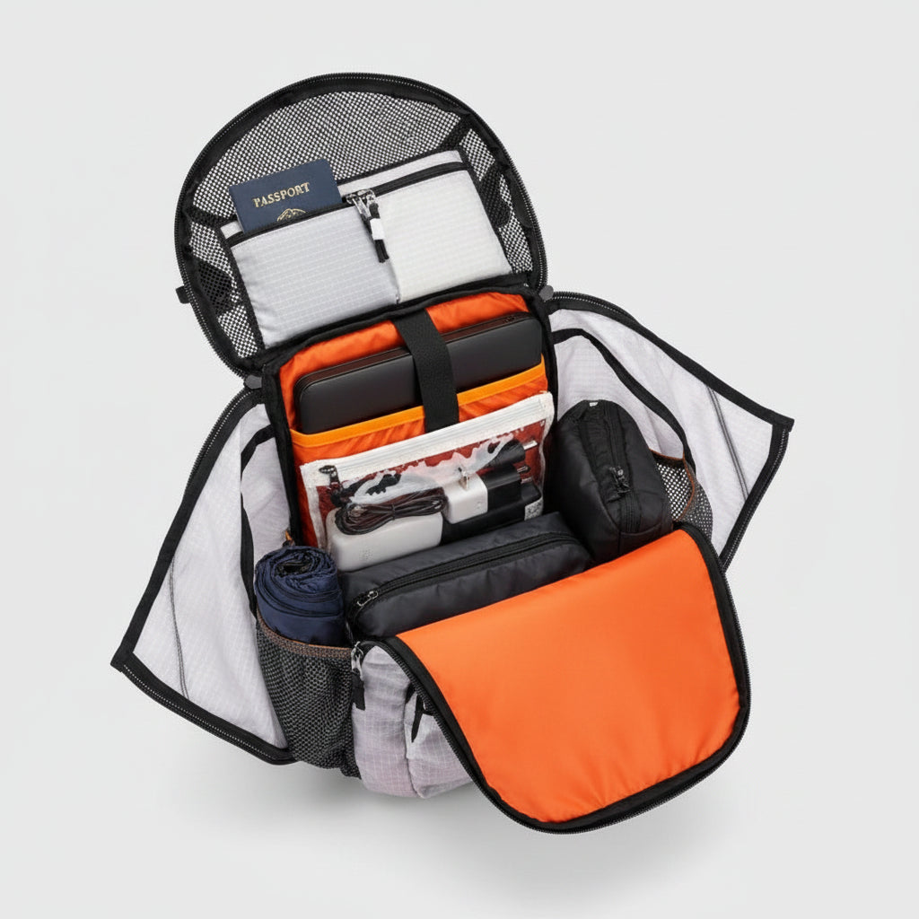 TrailWave 23L backpack showing organised compartments for daily essentials Open backpack with orange interior - travel bag