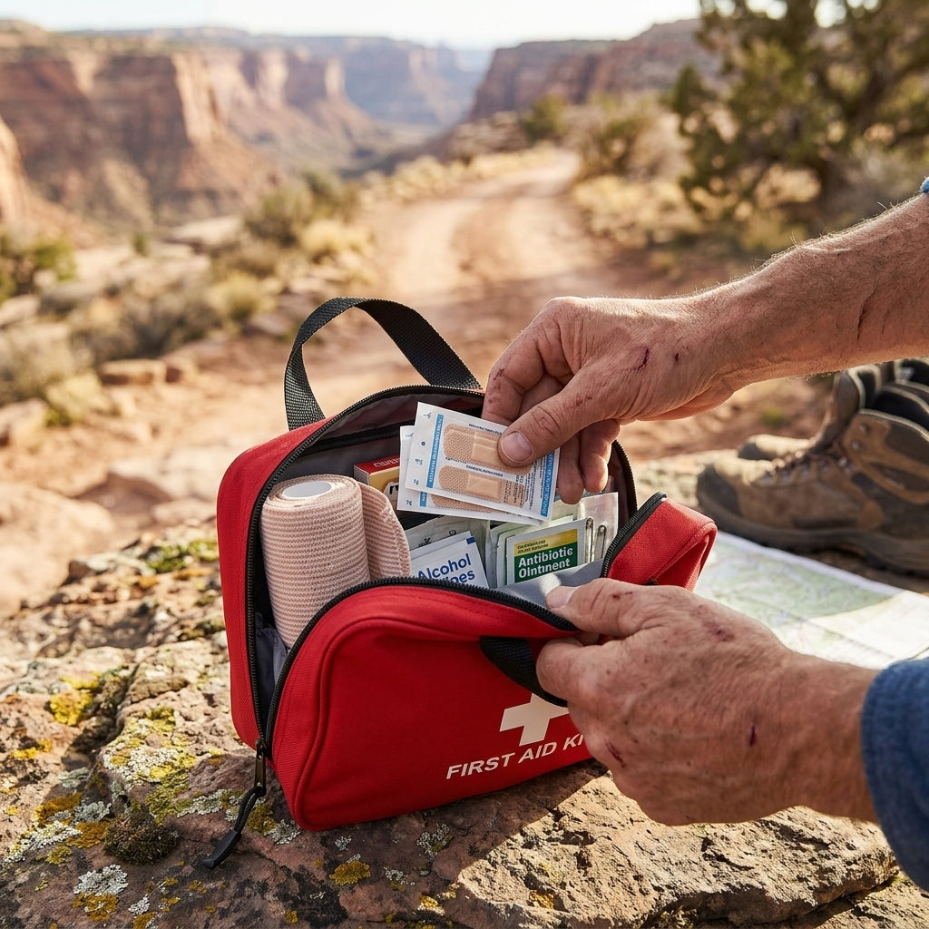 Taking supplies from a red 184-piece travel first aid kit on a hiking trail