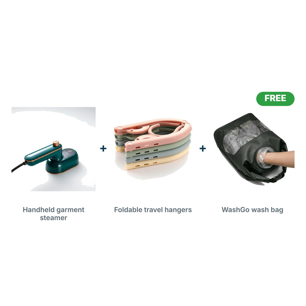 Travel Laundry Kit: Handheld garment steamer, Foldable travel hangers, FREE WashGo wash bag