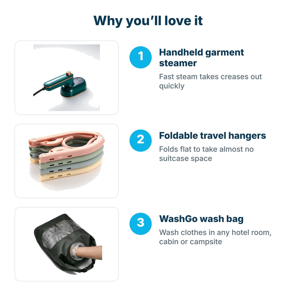 Why you'll love the Travel Laundry Kit: Handheld garment steamer, Foldable travel hangers, WashGo wash bag