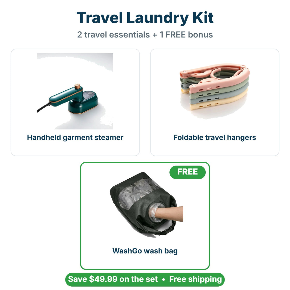 What's inside the Travel Laundry Kit: Handheld garment steamer, Foldable travel hangers, FREE WashGo wash bag