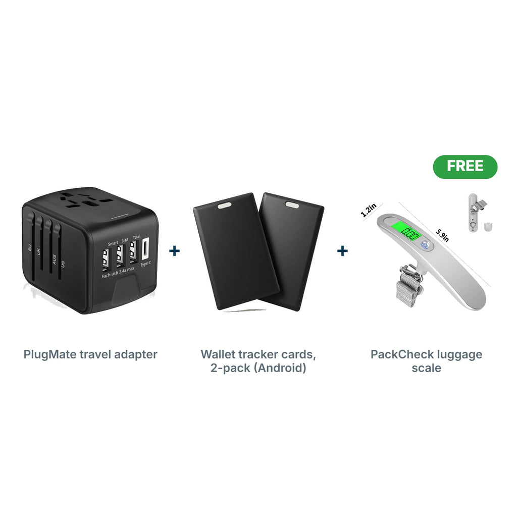 Travel Tech Kit: PlugMate travel adapter, Android wallet tracker cards and FREE PackCheck luggage scale