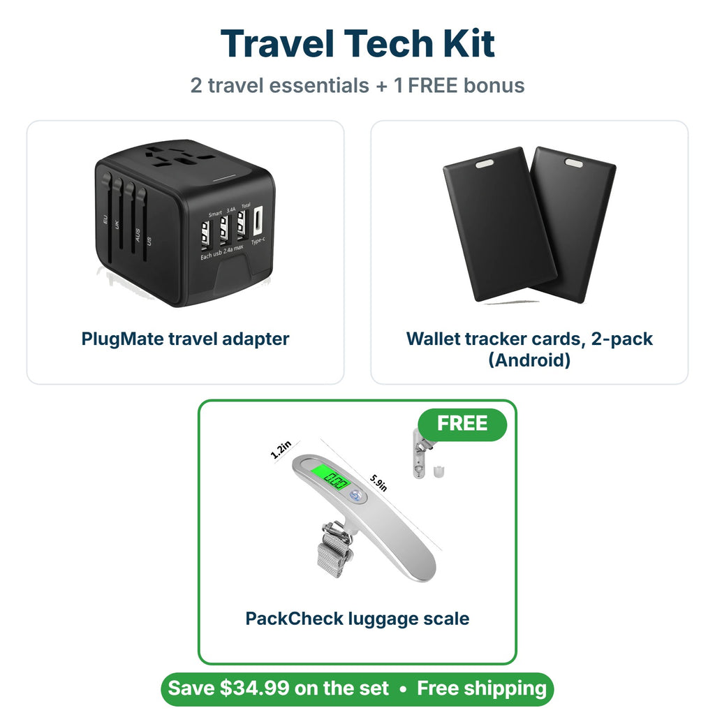 What's inside the Travel Tech Kit: adapter, tracker cards and FREE luggage scale