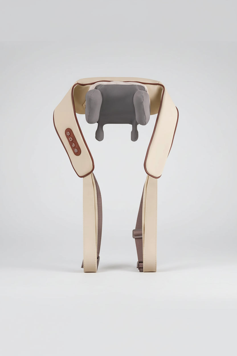 Neck and shoulder massager with beige straps and gray cushion on a white background