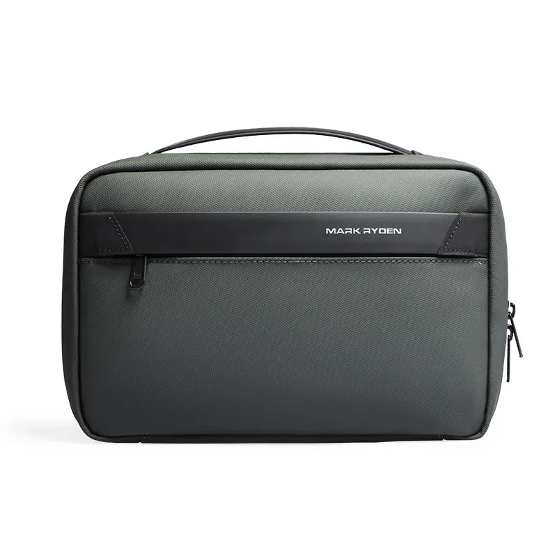 Dark gray toiletry bag withon a white background front image of product