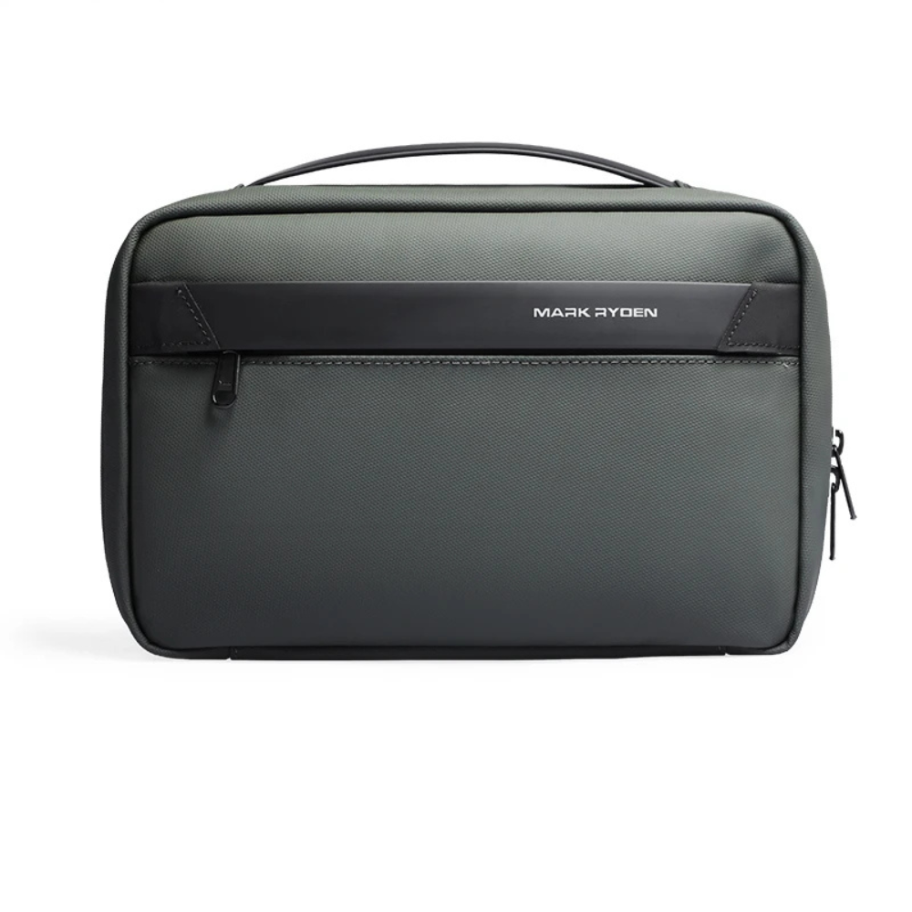 Gray toiletry bag with 'Mark Ryden' branding on a white background