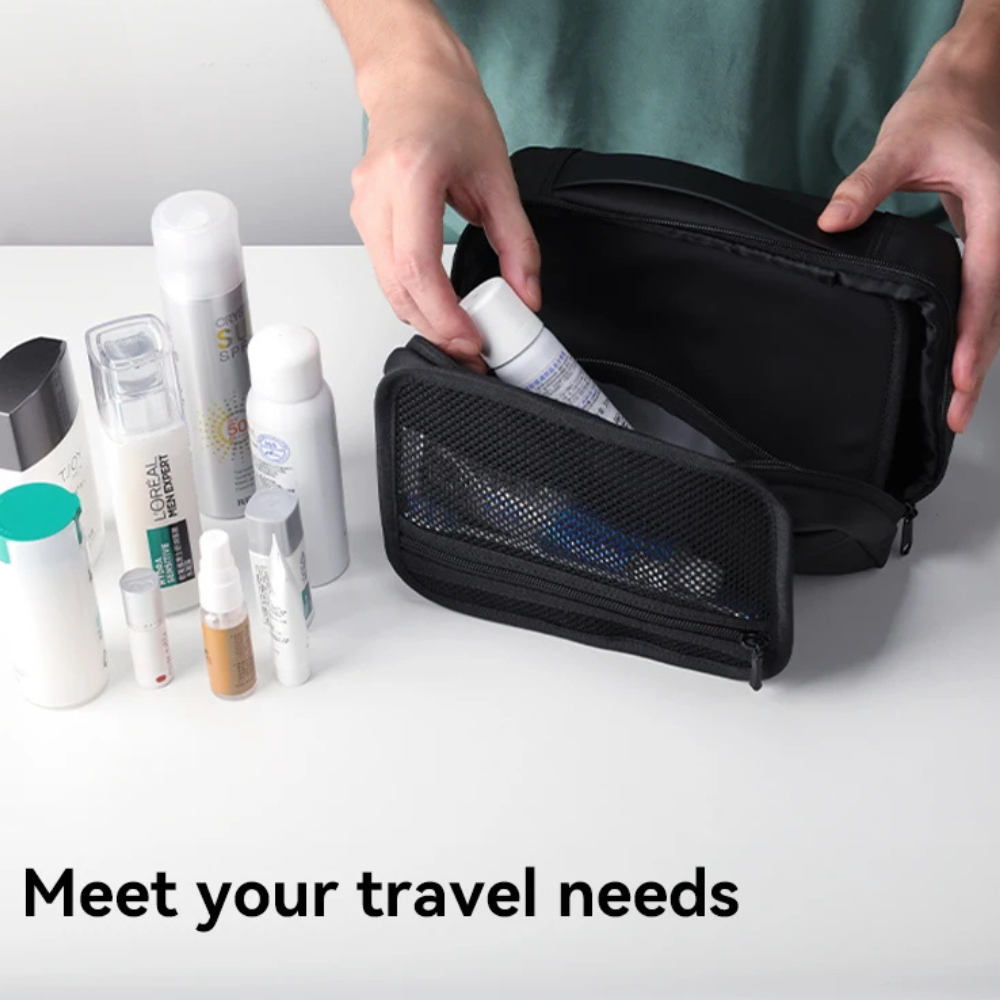 Person organizing toiletries into a black travel pouch with text image of the product in use
